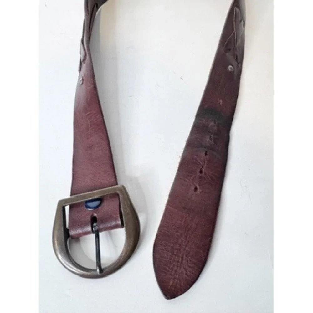 Vintage | Handmade Laced Leather Belt w/ Oversized Bronze Buckle, Pirate Rustic